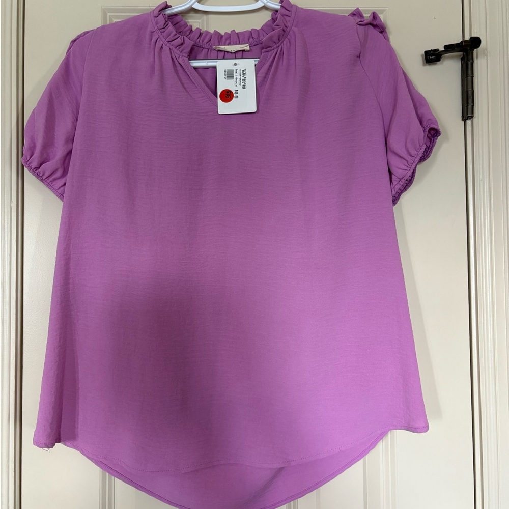 Purple Puff Sleeve Blouse with Mandarin Collar